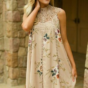 Floral Crochet Yoke Midi Dress - Beige